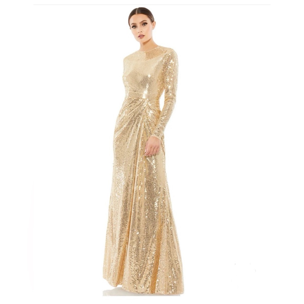 NWT $598 MAC DUGGAL GOLD SEQUINED HIGH NECK LONG SLEEVE DRAPED GOWN DRESS 10824